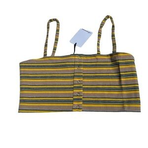 Olivaceous crop top tank top lined ribbed knit stripped taupe yellow size medium